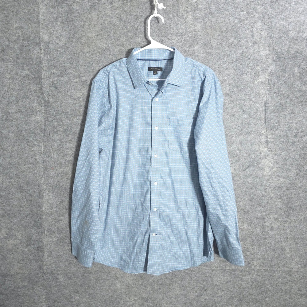 Banana Republic Button Down Shirt Mens XL Blue Grid Cotton Long Sleeve Pocket